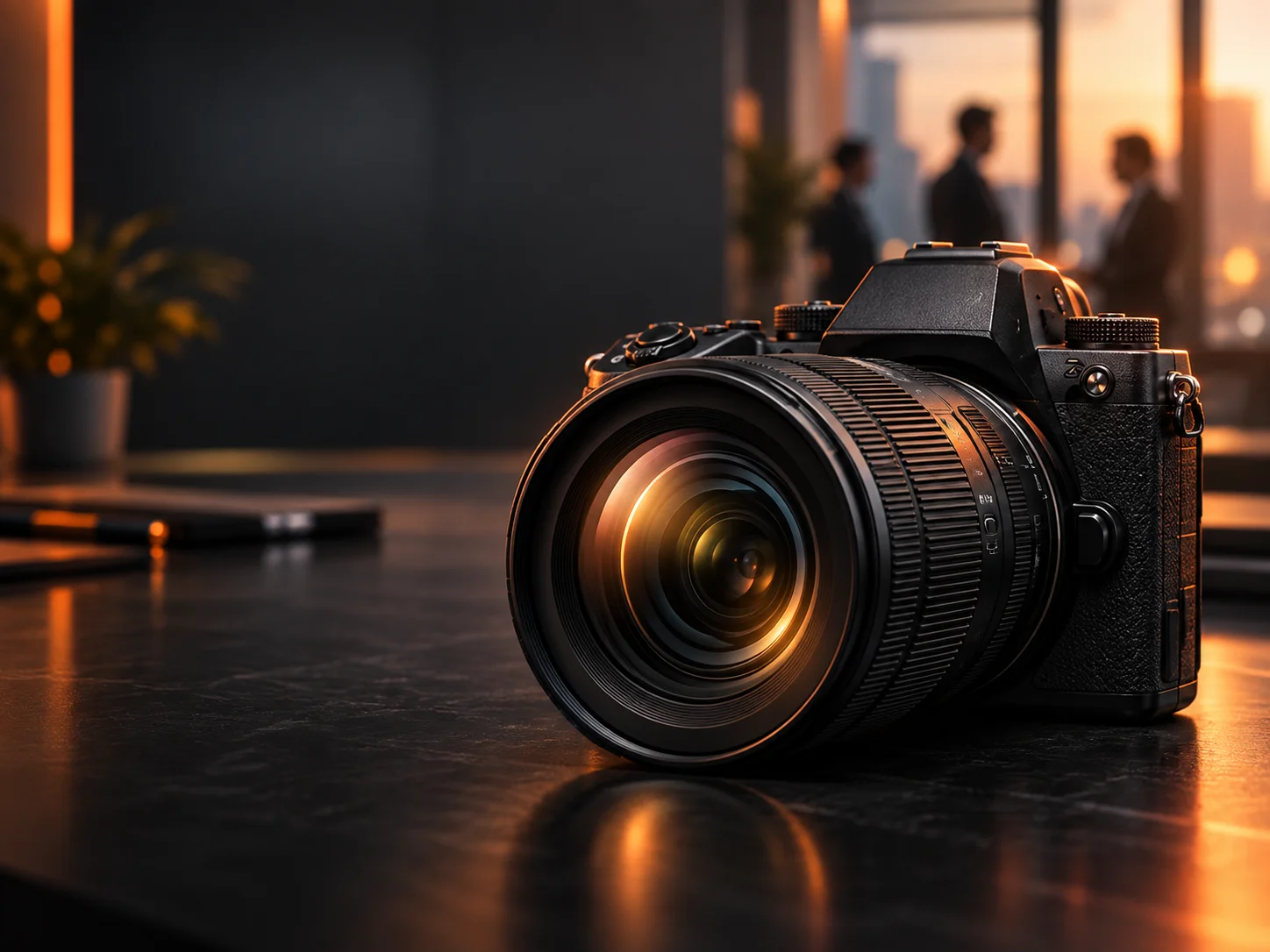 Câmera fotográfica em um ambiente corporativo, ilustrando o serviço de fotografia da Mantik