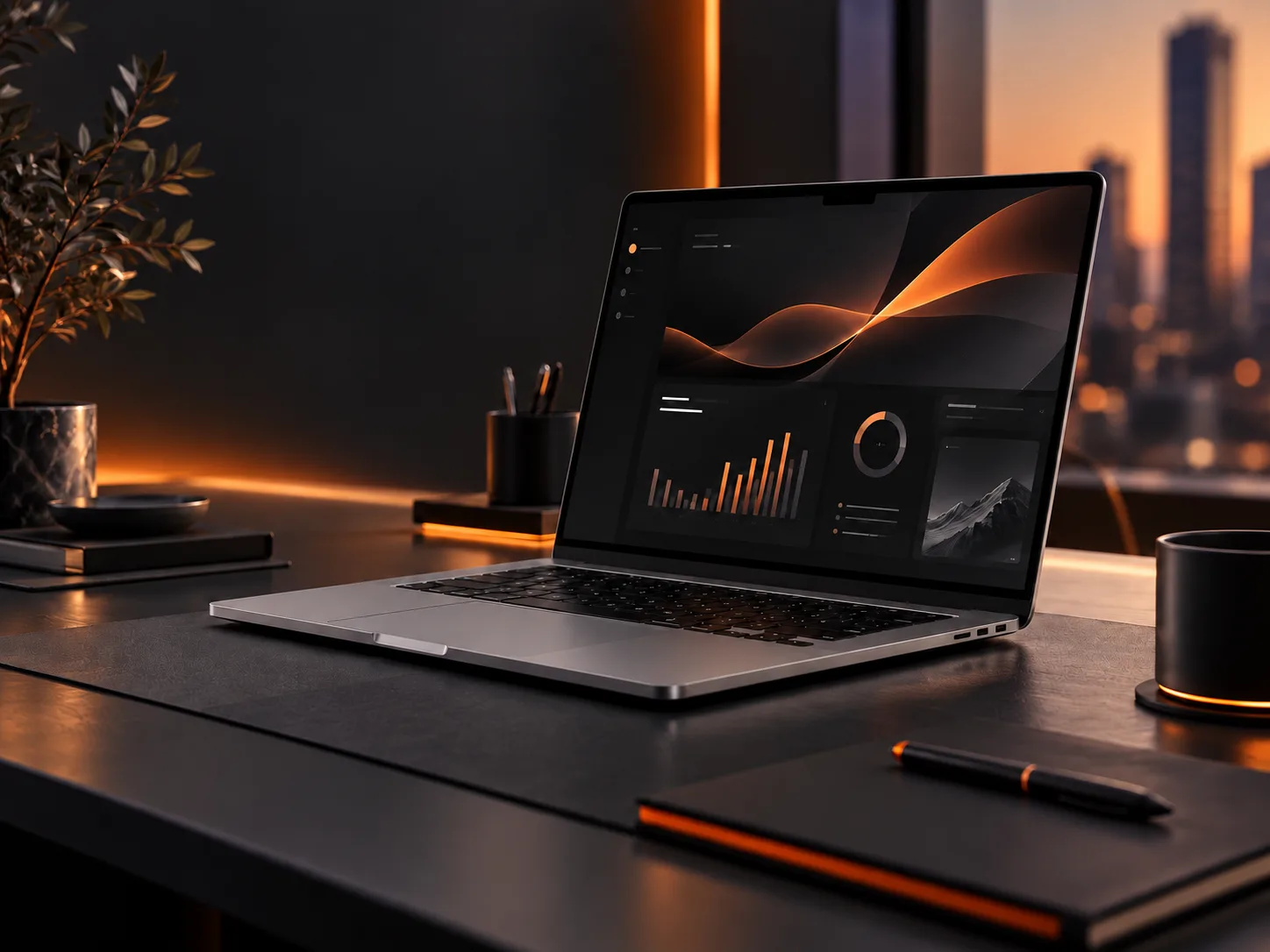 MacBook com painel digital em tons escuros e laranja, ilustrando a atuação da Mantik em marketing