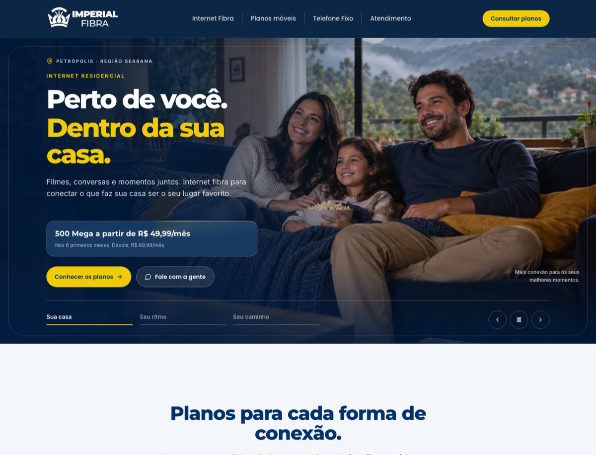 Página inicial da Imperial Fibra com oferta residencial e imagem de família