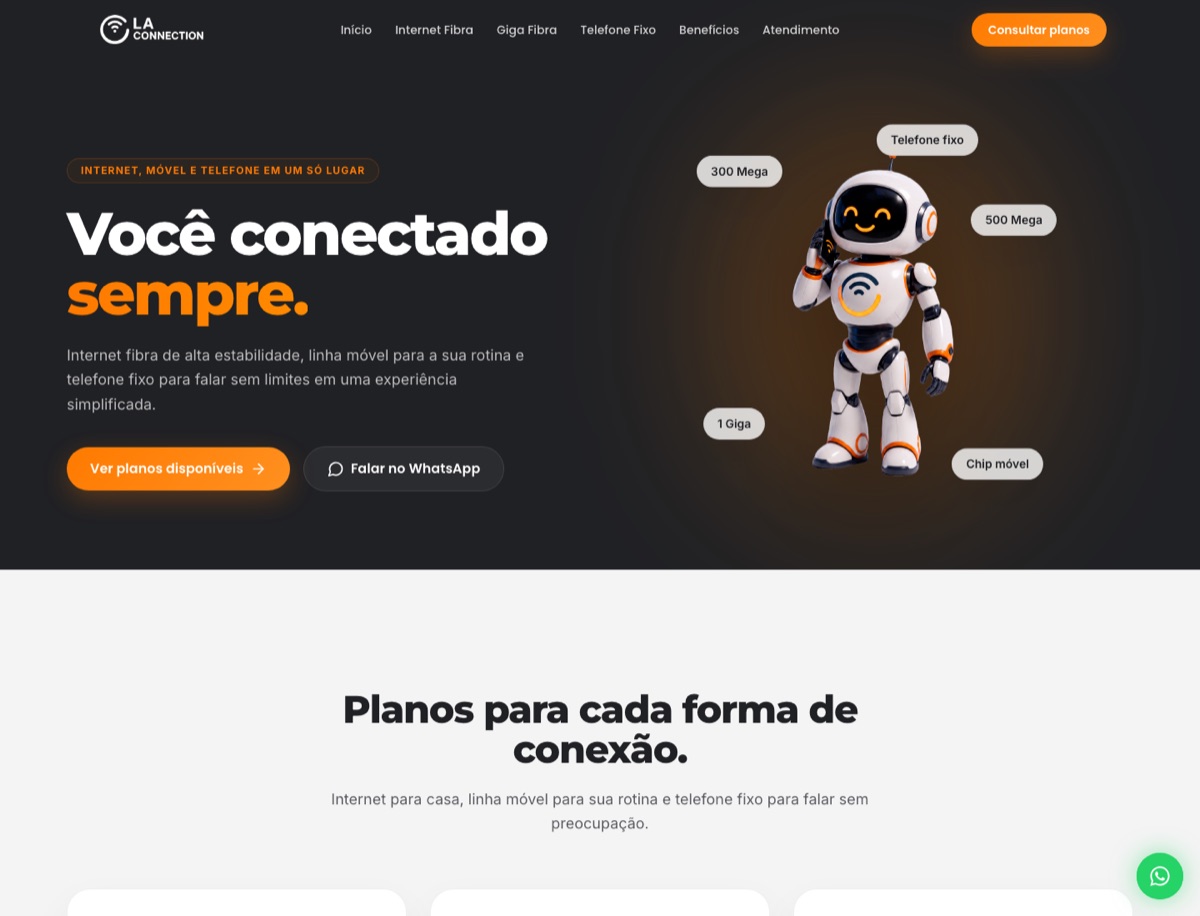 Página inicial da LA Connection com internet, linha móvel e telefone fixo