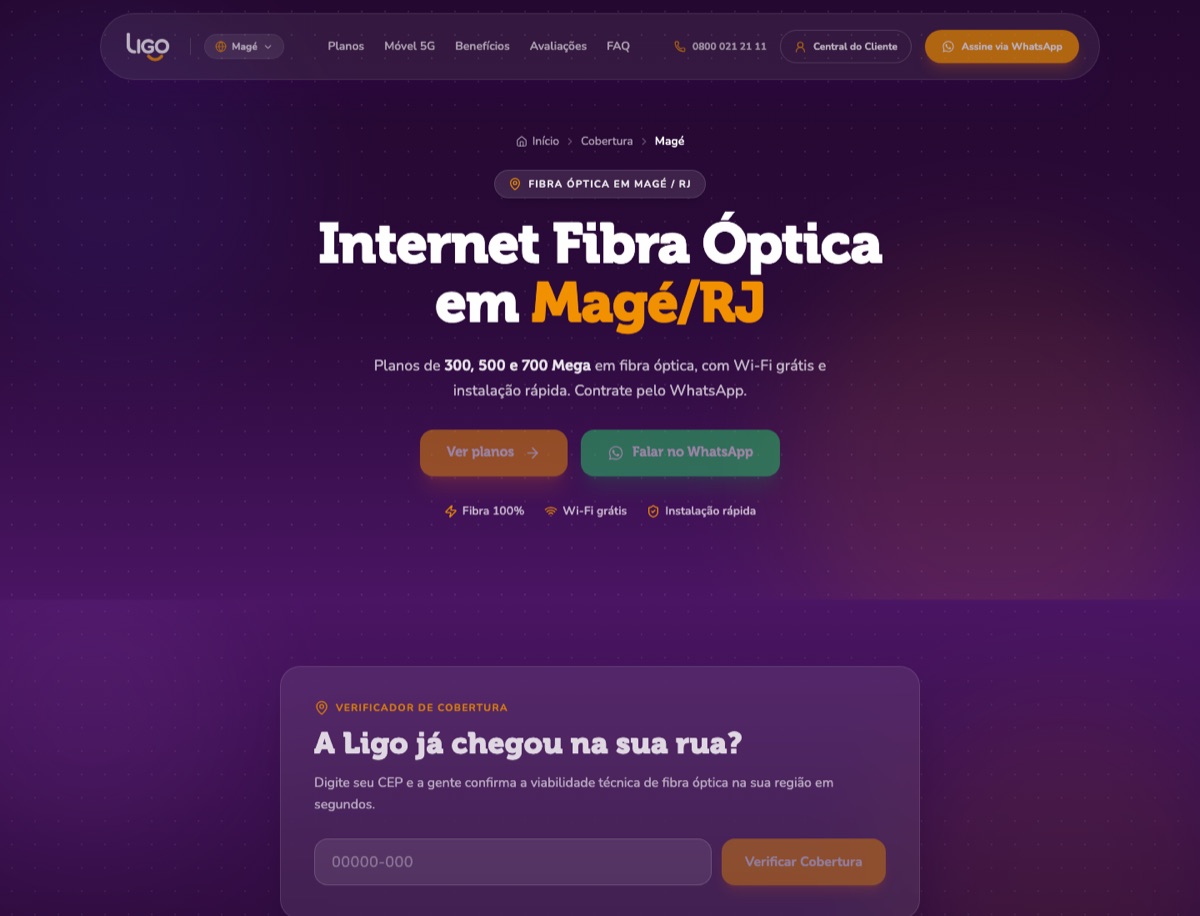 Página regional da Ligo Fibra com planos para Magé e consulta de cobertura