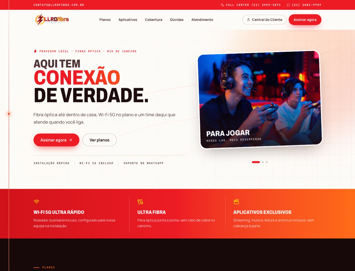 Página inicial da LLRD Fibra com oferta de fibra óptica e benefícios