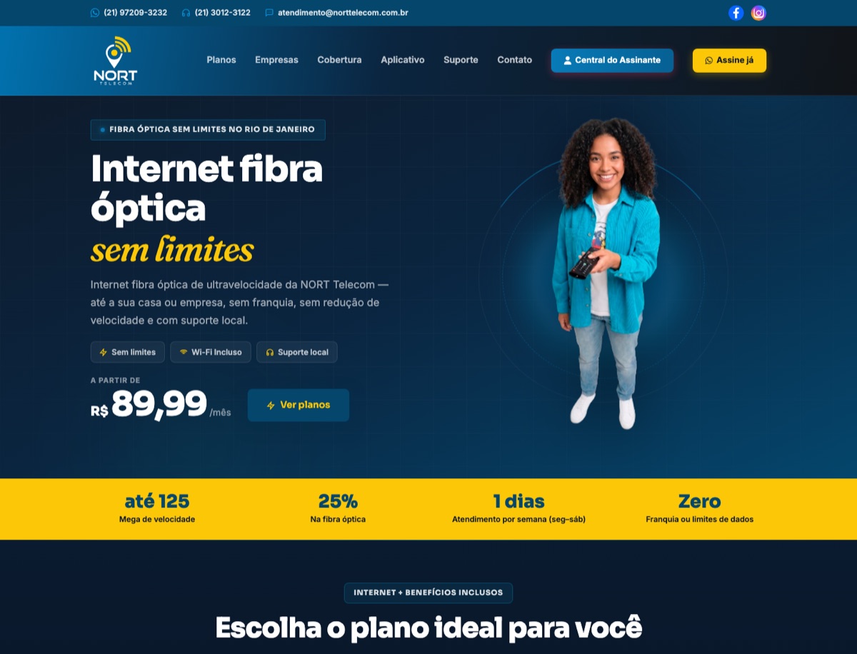 Página inicial da NORT Telecom com oferta de internet fibra óptica