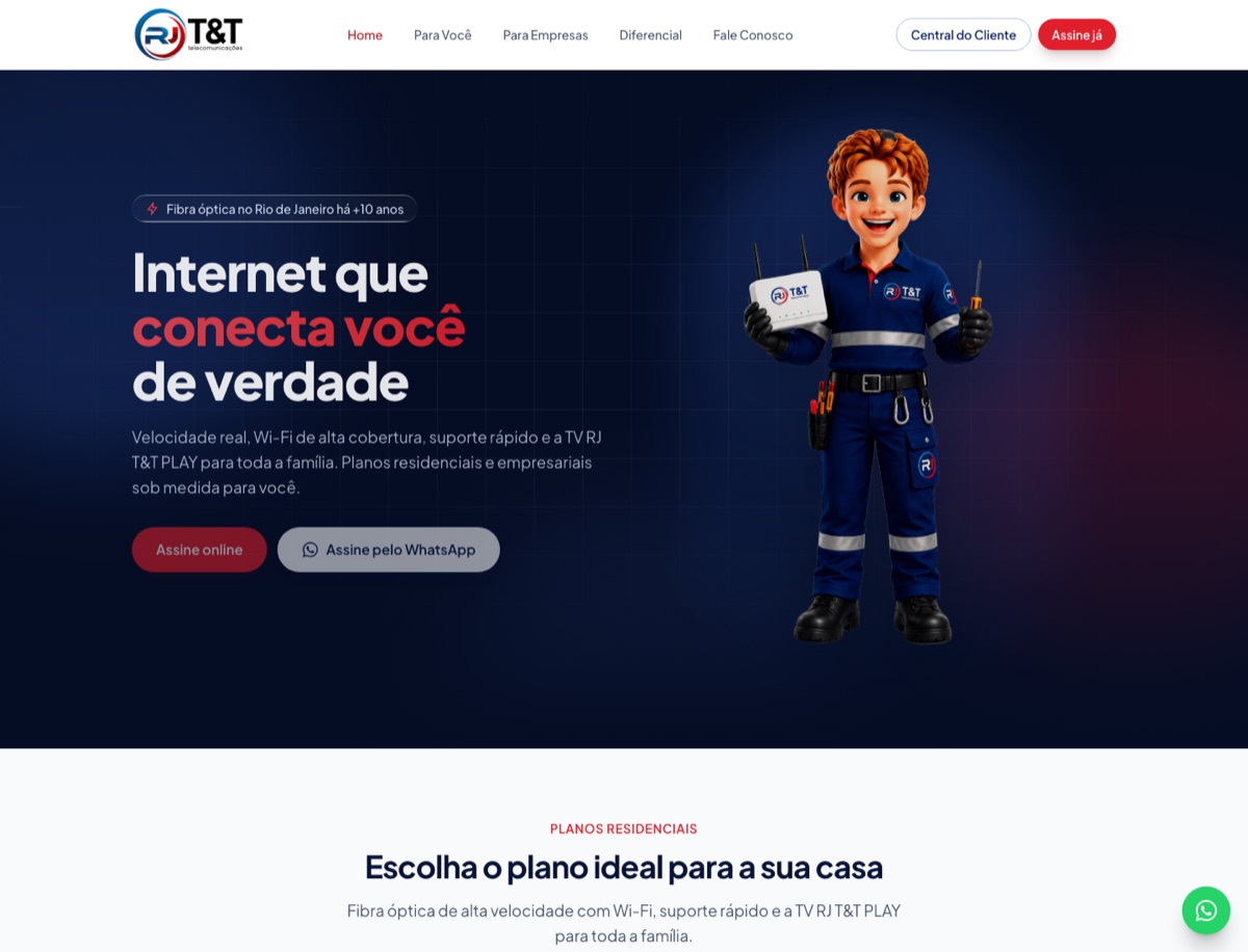 Página inicial da RJ T&T com internet fibra óptica e planos residenciais